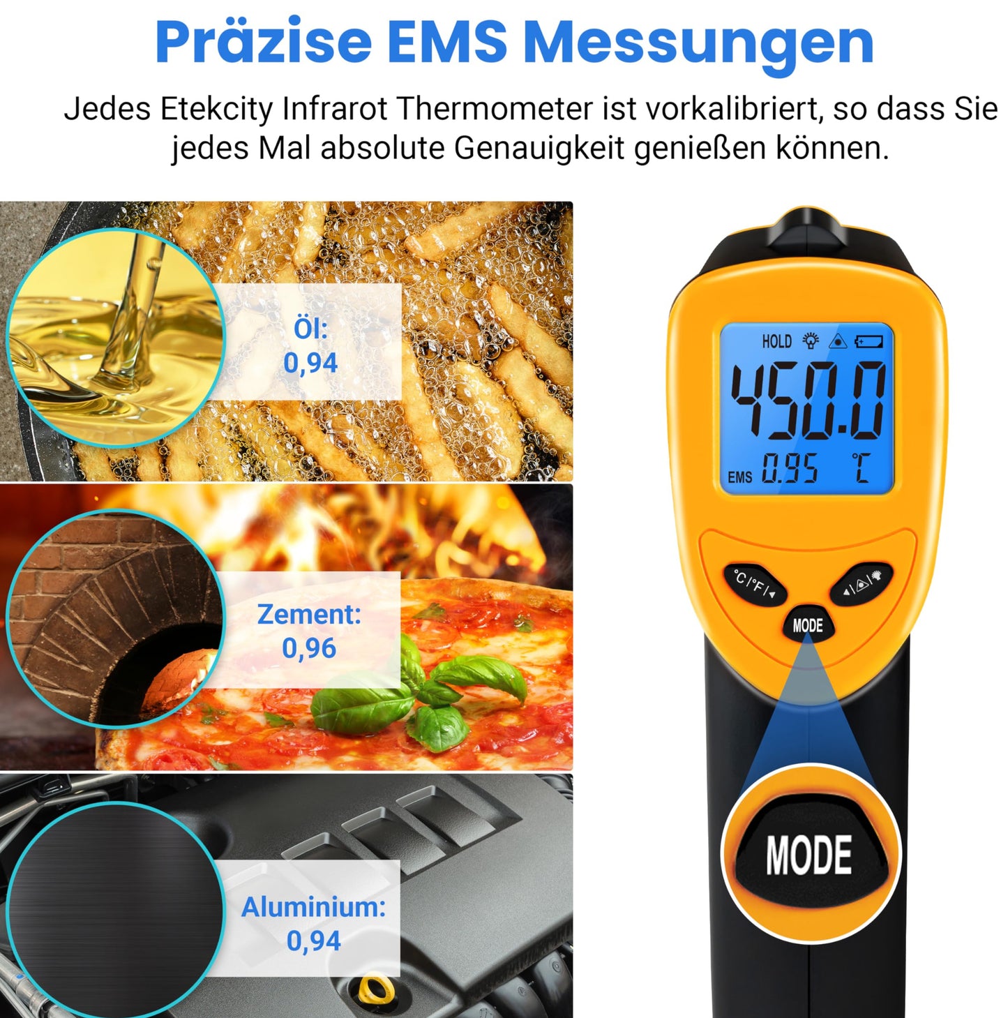 Infrarot Thermometer -50 bis +610°C, Digital, Berührungslos, LCD Display