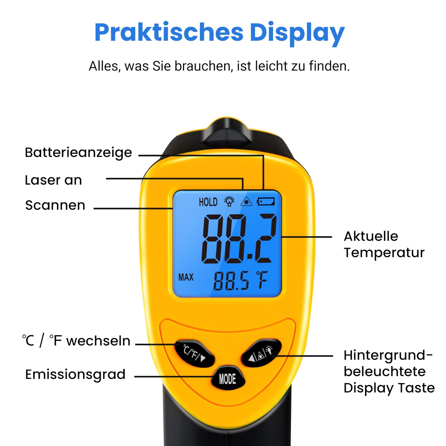 Infrarot Thermometer -50 bis +610°C, Digital, Berührungslos, LCD Display