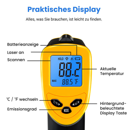 Infrarot Thermometer -50 bis +610°C, Digital, Berührungslos, LCD Display